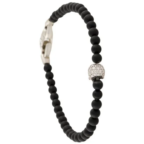 DAVID YURMAN ONYX & DIAMOND STERLING SILVER MEMENTO MORI SKULL STATION BRACELET